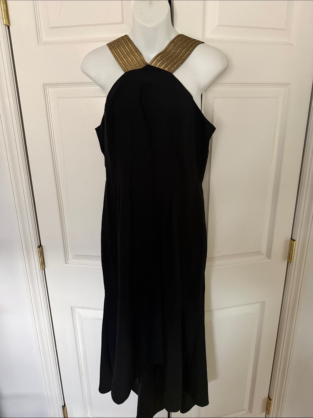 Chic Black High-Low Dress with Gold Halter Straps